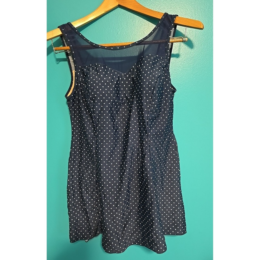 Shore Shapes Size 14 Swim dress Womens Navy‎ Blue White Polka dots Swimsuit Cute